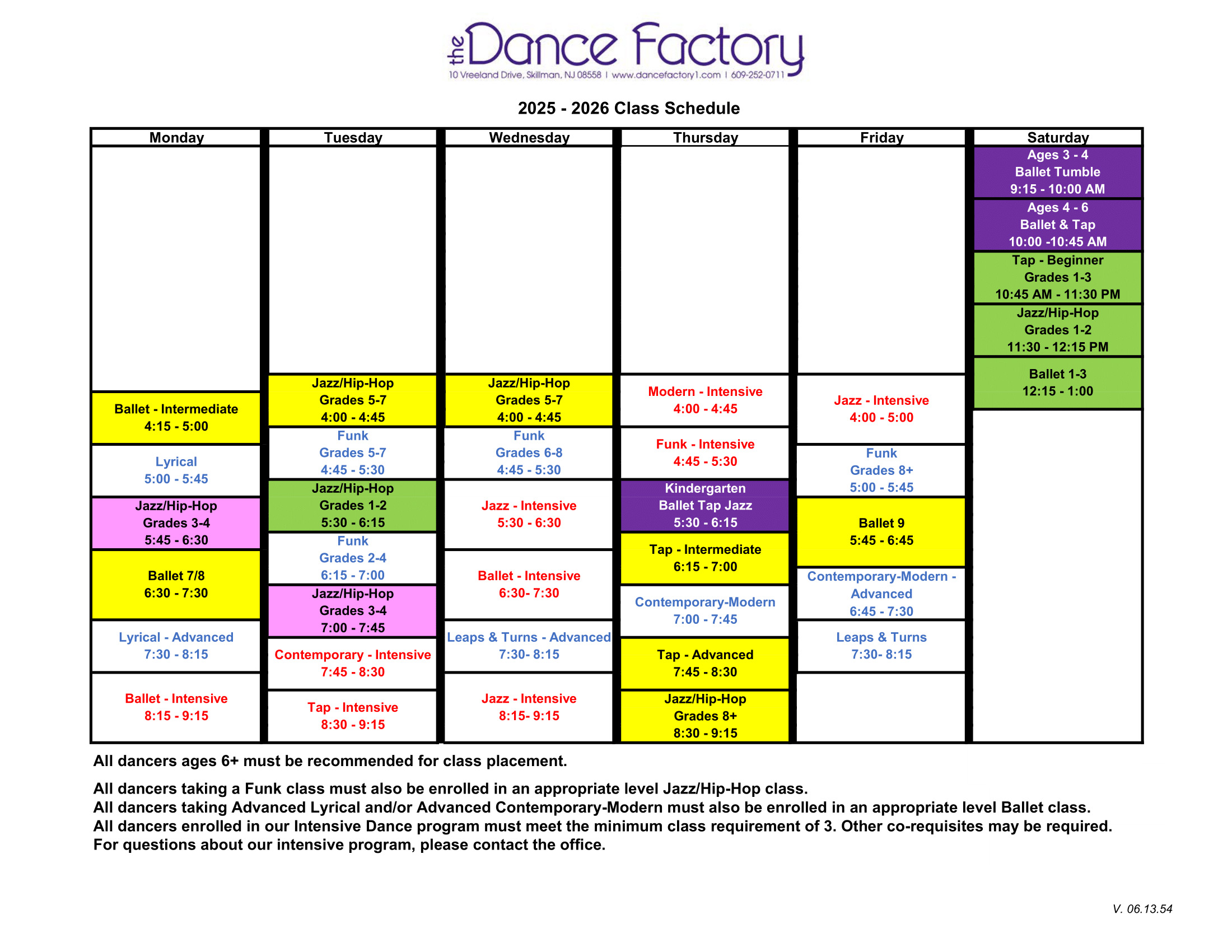 Dance Factory Class Schedule